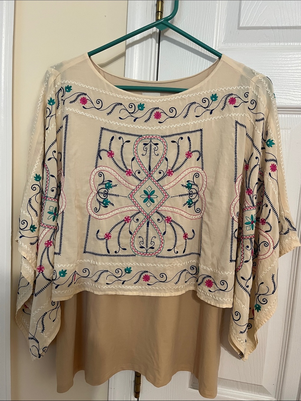 Chico's Cream Embroidered Boho Tunic with Teal & Pink Accents